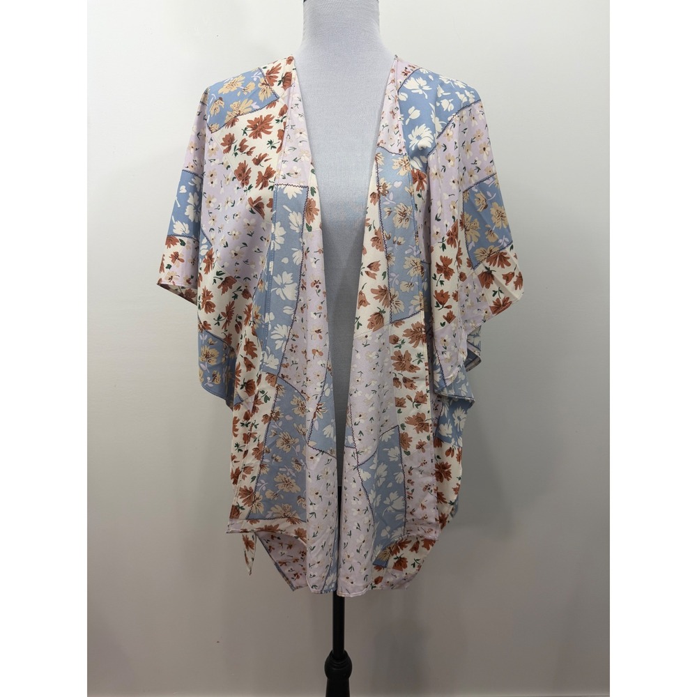 Magnolia Boutique Floral‎ Patchwork Kimono Wrap Blue Lavender BJ1140 Small